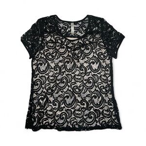 PerSeption Concept Black Lace Blouse Embroidered Lined Short Sleeve NWT